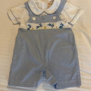 Toffee apple, hundred percent cotton one piece smocked Romper shorts. 18m